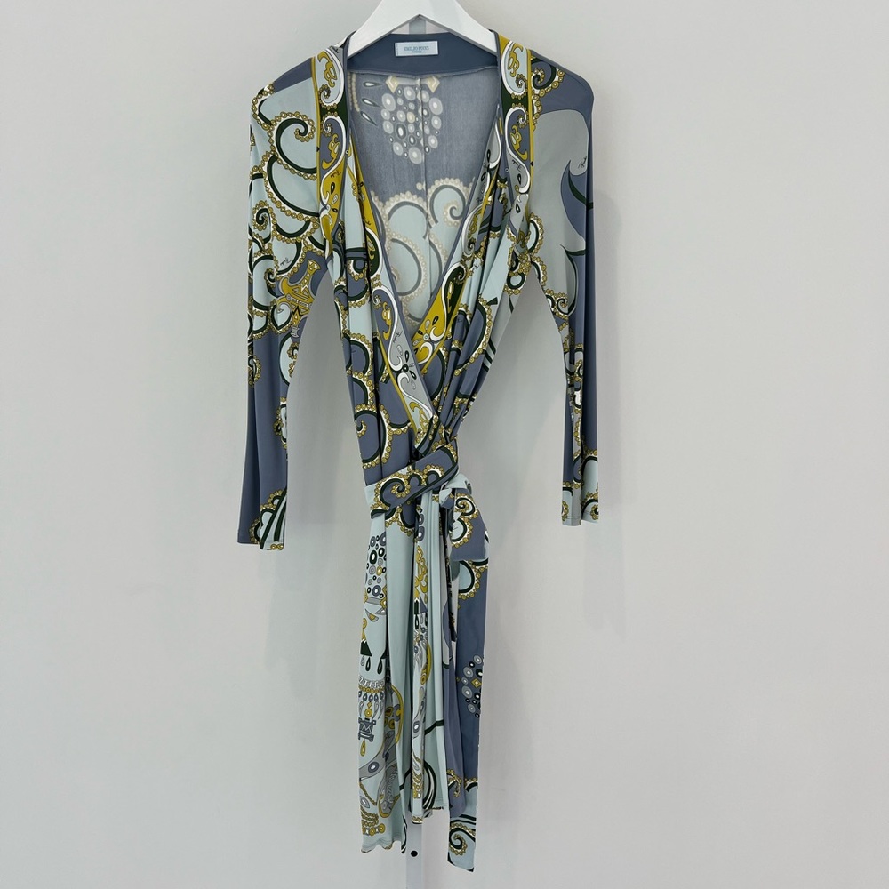 EMILIO PUCCI BLUE GRAY PRINT WRAP DRESS SIZE MODEL 66RH11 IT 42 / US 8 NWOTS!